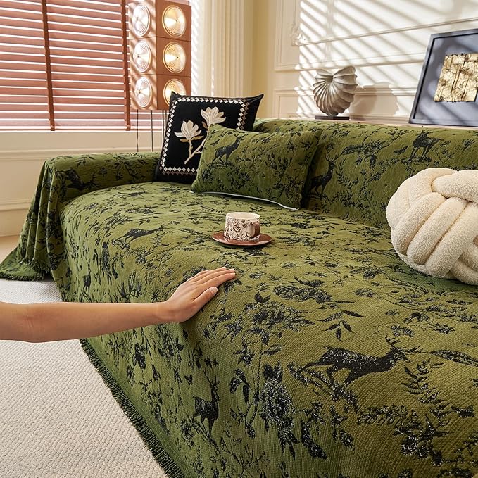 ROOMLIFE Green Sofa Cover, Vintage Boho Couch Cover for 3 Cushion Sofa, Non Slip Soft Chenille Sofa Slipcovers for Dog, Washable Furniture Sofa Protector Cover with Tassel for Living Room, 71''X150”
