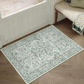 HUGEAR 2x3 Entryway Area Rug Green Small Rug Machine Washable Door Mat Neutral Vintage Floral Low Pile Carpet Distressed Throw Rug Entrance Kitchen Bathroom Bedroom Office Non Slip Soft Lightweight