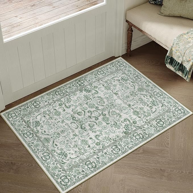 HUGEAR 2x3 Entryway Area Rug Green Small Rug Machine Washable Door Mat Neutral Vintage Floral Low Pile Carpet Distressed Throw Rug Entrance Kitchen Bathroom Bedroom Office Non Slip Soft Lightweight