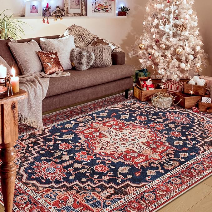Amearea Vintage Design Area Rugs for Living Room, 4x6 Machine Washable Floral Collection Traditional Bedroom Rug, Low Pile Dinning Room Carpet, No Slip Office Kitchen Home Decor, Red and Blue