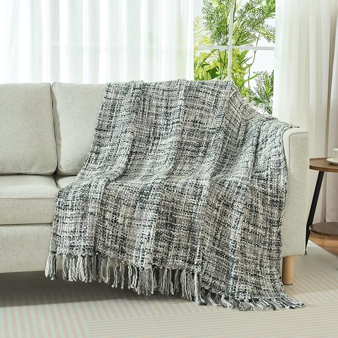Multi-Color Grey Cable Woven Throw Blanket for Couch,60"X80" Boho Style Textured Blankets for Home Decor,Super Soft Warm Cozy Chunky Blanket with Decorative Tassels for Bed and Sofa