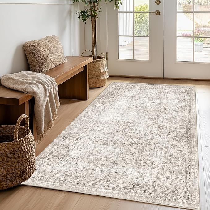 FMFUNCTEX 4x5 Washable Area Rug Neutral Vintage Beige Non Slip Low Pile Traditional Indoor Carpet for Entryway Living Room Bedroom Soft Retro Floral Mat Throw Rug for Dining Office Kitchen Entryway