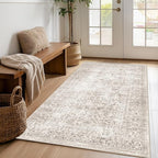 FMFUNCTEX 4x5 Washable Area Rug Neutral Vintage Beige Non Slip Low Pile Traditional Indoor Carpet for Entryway Living Room Bedroom Soft Retro Floral Mat Throw Rug for Dining Office Kitchen Entryway
