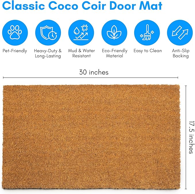 PLUS Haven 17.5x30 Door Mat with Heavy-Duty Backing - Coco Coir Doormat for Outdoor or Indoor Uses - Non-Slip Welcome Mats for Entryway or Porch - Easy to Clean Front Door Mat - Natural Brown