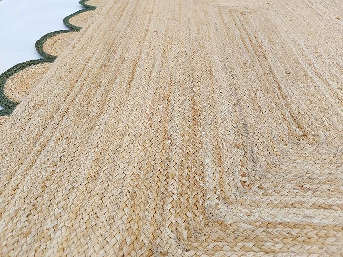 Scalloped Natural Jute Area Rug, Green Trim, 2'x10'