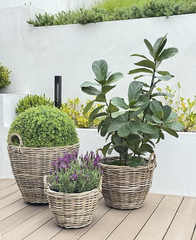 Kouboo Round Rattan Planter Basket with Handles - 11 Gallon Plastic Pot Liner with Drain Holes Included - No Saucer - Indoor and Outdoor Use