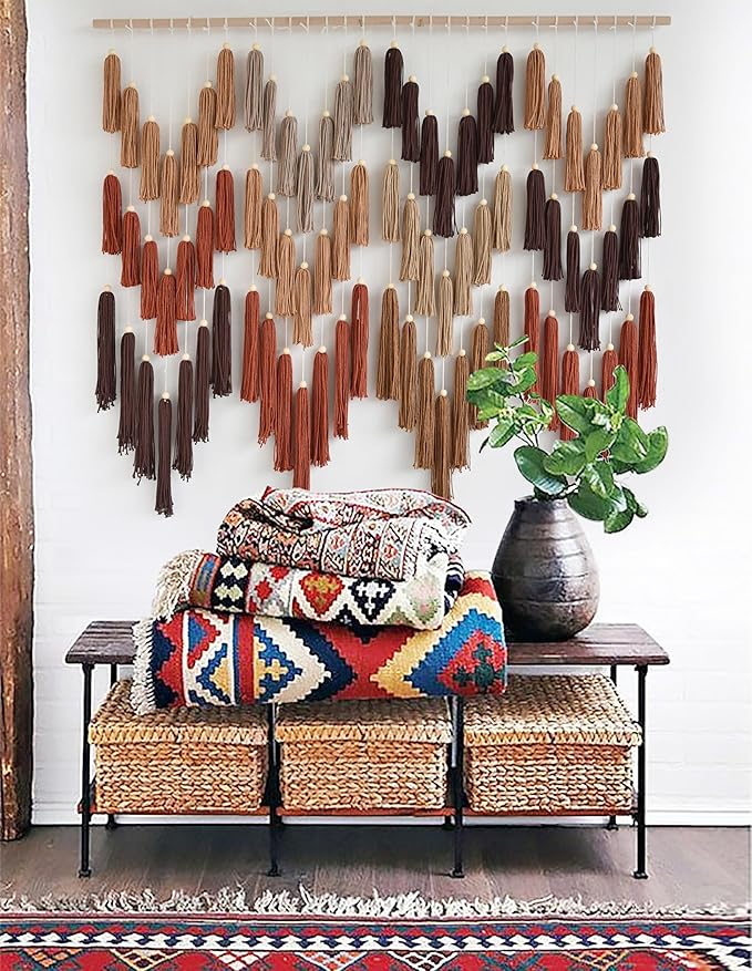 IOWER Macrame Wall Hanging Yarn Boho Wall Decor Wave Tassel Home Wall Aesthetic Living Rooms Bedrooms Offices Geometric Art Chic Home Decor 47" W x 39" L