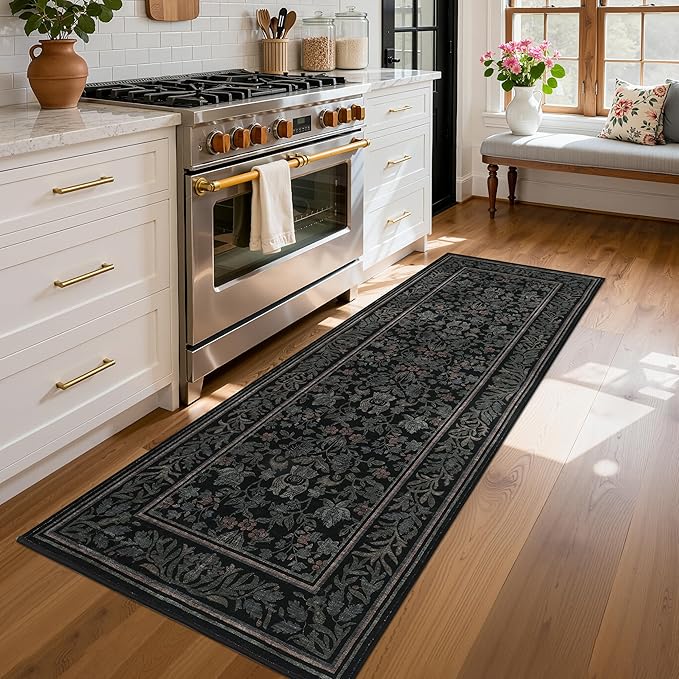GarveeHome Runner Rugs 2x6 Kitchen Runner Rug Non Slip Washable Runners for Hallways, Boho Vintage Rugs with Rubber Backing Low-Pile Indoor Carpet for Entryway Bedroom Black