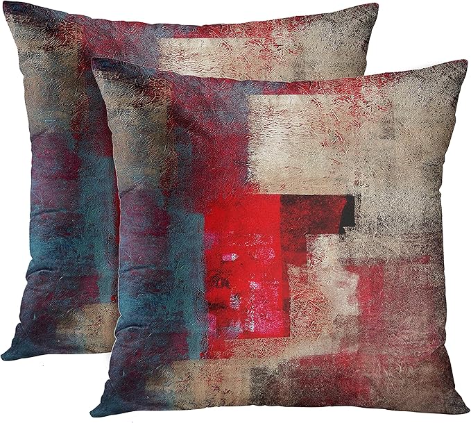 Emvency Set of 2 Throw Pillow Covers Modern Abstract Painting Red Brown and Gray Decorative Pillow Cases Home Decor Standard Square 18x18 Inches Pillowcases