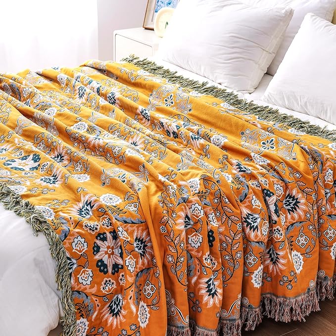 Boho Throw Blanket, 100% Cotton Soft Sofa Bed Throw-Floral Farmhouse Decor Blanket, Reversible Bohemian Throw for Chair Couch Quilt and Gift, 60" x 80"-Yellow