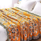 Boho Throw Blanket, 100% Cotton Soft King Yellow Throw for Bed-Floral Farmhouse Decor Blanket, Reversible Bohemian Throw for Sofa Chair Couch Quilt and Gift, 91" x 98"