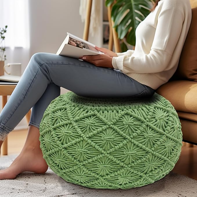 COTTON CRAFT Macrame Braided Pouf - Knitted Cotton Cord Comfortable Round Dori Pouf - Prefilled Ottoman Footrest Bean Bag - Stuffed Boho Moroccan Accent Seating - Nursery Bedroom Dorm - 20x14 - Green