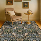 Washable 4x6 Area Rug for Living Room - Soft Moody Rug for Kitchen, Office, Large Entryway, Rustic Botanical Decor, Non-Slip Low Pile Dark Green and Brown Ultra Soft Bird Carpet