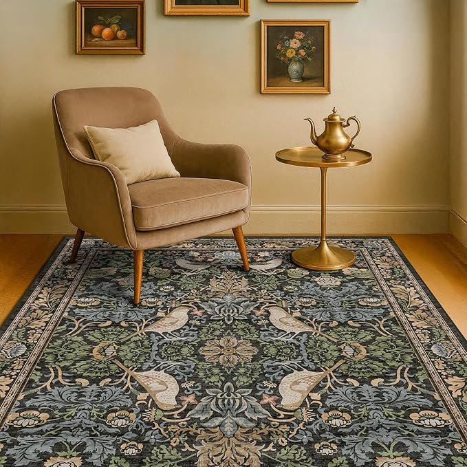 Washable 4x6 Area Rug for Living Room - Soft Moody Rug for Kitchen, Office, Large Entryway, Rustic Botanical Decor, Non-Slip Low Pile Dark Green and Brown Ultra Soft Bird Carpet