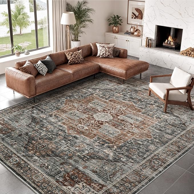 8x10 Area Rugs for Living Room, Vintage Washable Rug with Non-Slip Backing, Stain Resistant Large Area Rug for Dining Room, Soft Rugs for Bedroom (Grey/Brown/Tan, 8'x10')