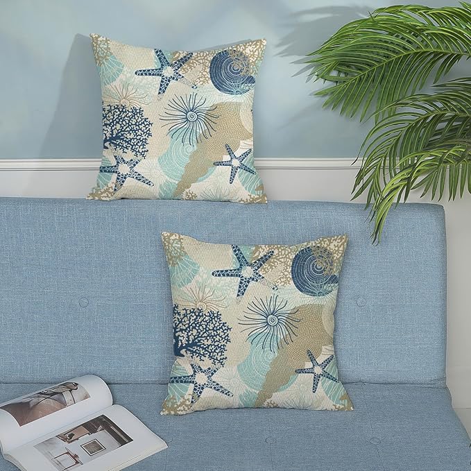 Nautical Coastal Pillow Covers 20x20 Set of 2 Beach Themed Ocean Throw Pillows Summer Starfish Seashell Decorations Pillowcase Linen Outdoor Decor Farmhouse Cushion Case for Home Bedroom