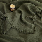 FOSSA Muslin Blanket with Fringe - 4-Layer 100% Cotton Gauze Super Soft & Breathable Throw -Lightweight Decorative Cooling Blanket for Bed, Sofa, Office (Olive Green, Queen (90" × 90"))