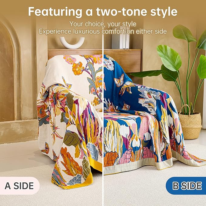 Boho Throw Blanket 60" x 80", 100% Organic Cotton Skin-Friendly Lightweight Ultra Soft Bed Quilt Throw - Spring Floral Butterfly Farmhouse Decor Blanket for Sofa Couch Chair and Gift.