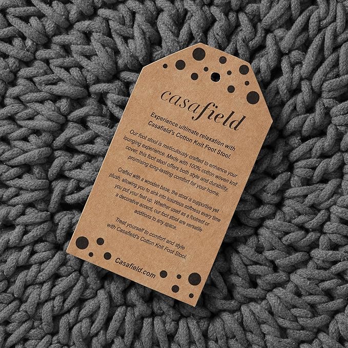 Casafield Pouf Ottoman Footstool, 13" Round x 11" High, Hand-Knitted Cotton Footrest, Non-Skid Wood Legs, Boho Foot Stool for Living Room, Bedroom (Gray)