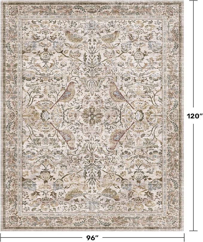 Vintage Moss Green 8x10 Washable Area Rugs for Living Room - Soft Floral Rug for Bedroom, Dining Room, Light Brown Taupe Low Pile Stain Resistant Bird Floral Bird Carpet