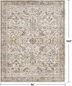 Vintage Moss Green 8x10 Washable Area Rugs for Living Room - Soft Floral Rug for Bedroom, Dining Room, Light Brown Taupe Low Pile Stain Resistant Bird Floral Bird Carpet