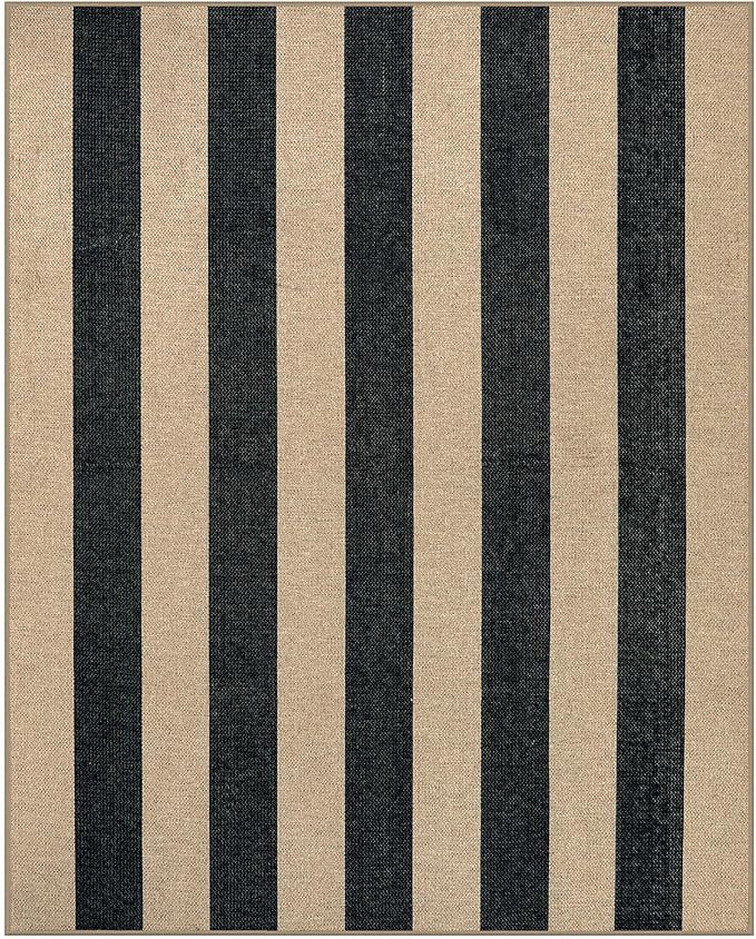 Lahome Elance Striped Easy Jute Outdoor Rug, Washable Rugs 8x10 for Living Room Patio Indoor Outdoor Black Carpet, Farmhouse Neutral Non Slip Non Shedding Floor Carpet for Office Sunroom Dining Room