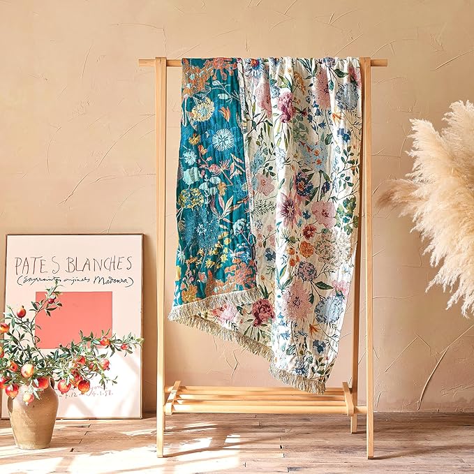 Boho Throw Blanket - 100% Cotton Ultra Soft Muslin Blanket, 50"x60" Lightweight Floral Framhouse Bedding Spring Blanket for Bed, All Season Blue Bohemian Bedroom Home Decor Quilt