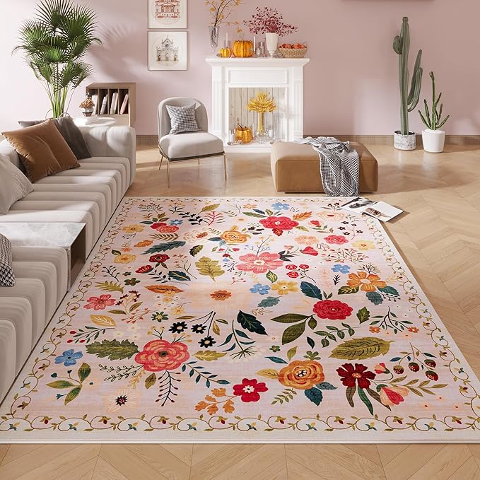 Rugcomf Area Rugs 9x12 Living Room Clearance Washable Boho Rug Non Slip Floral Vintage Low Pile Large Rug for Living Room, Bedroom, Farmhouse, Dining Room, Kids Playroom(Beige)