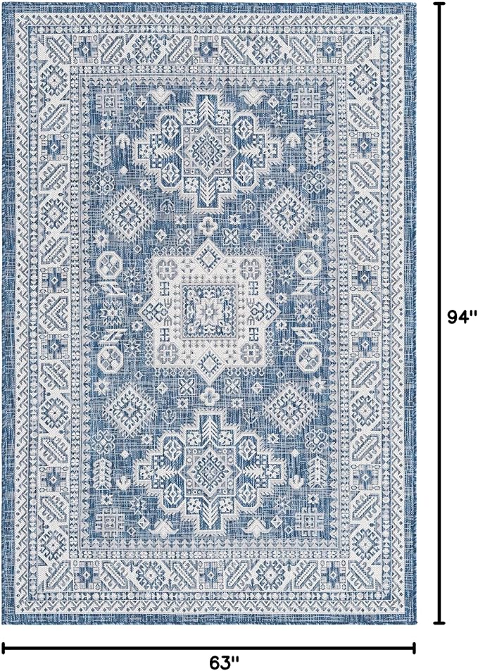 Rugs.com Outdoor Aztec Collection Rug – 5' x 8' Blue Flatweave Rug Perfect for Living Rooms, Large Dining Rooms, Open Floorplans