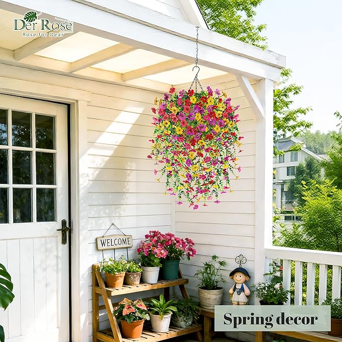 Der Rose Artificial Hanging Flower Basket for Outdoors Fake Hanging Flowers Plants with 4 Faux Silk Trailing Vines for Porch Patio Balcony Spring Decor