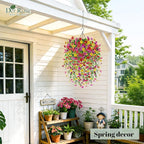 Der Rose Artificial Hanging Flower Basket for Outdoors Fake Hanging Flowers Plants with 4 Faux Silk Trailing Vines for Porch Patio Balcony Spring Decor