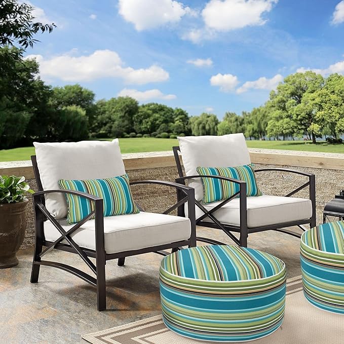 Outdoor/Indoor Inflatable Ottoman Pouf D20 xH9, All Weather Round Footstool with Foot Pump, Water Repellent Portable Footrest with Handle for Patio Garden Camping Travel-Green Stripe