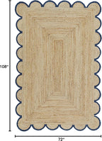 Scalloped Natural Jute Area Rug, Navy Trim, 6'x9'