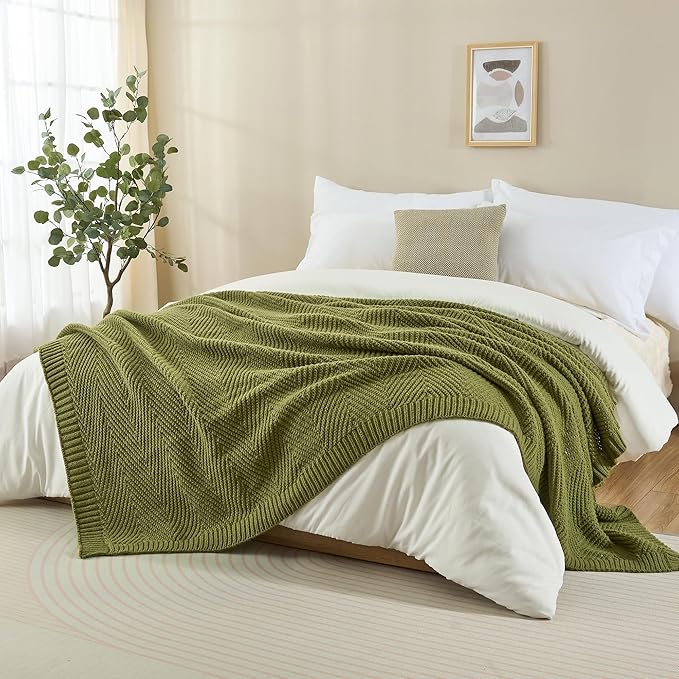 Knitted Throw Blanket 60"X80", Olive Green Knit Throws for Bed, Super Soft Boho Chevron Blankets for Couch Sofa Chair Room Decor, Textured Decorative Farmhouse Cozy Lightweight