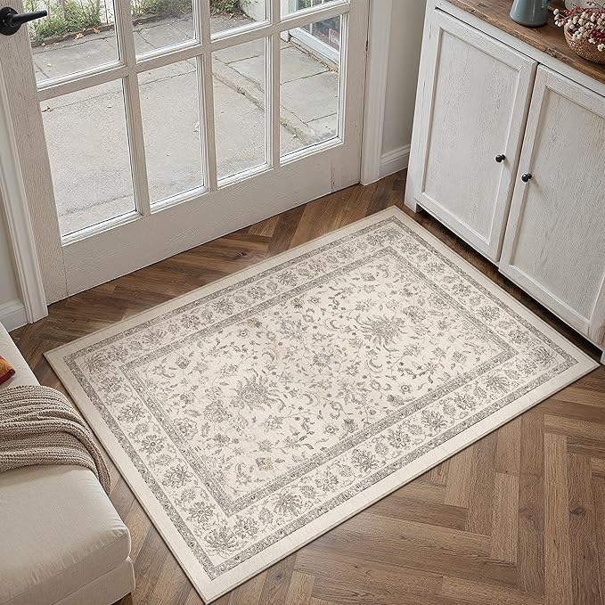 2x3 Area Rug Beige Washable Entryway Vintage Carpet Door Mat Small Non Slip Stain Soft Resistant Low Pile Thin Boho Accent Indoor Throw Rug for Kitchen Bathroom Entrance Bedroom