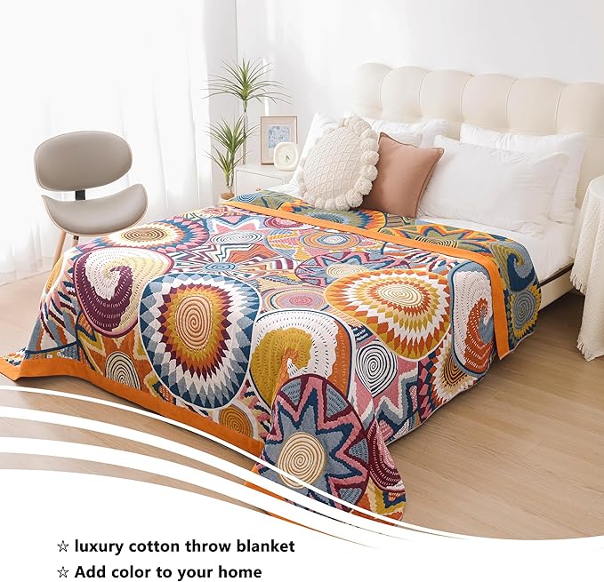 Boho Throw Blanket, 100% Organic Muslin Cotton Skin-Friendly Breathable Ultra Soft Bed Quilt Throw - All Season Decor Colorful Blanket for Sofa Couch Chair and Gift. 91" x 108"