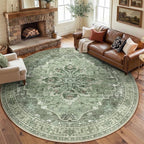 Area Rugs 8ft Washable Non-Slip, Floral Vintage Distress Print Pattern Medallion Carpet for Living Room Bedroom Dining Room, Dark Green Gray