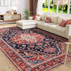 Amearea Vintage Design Area Rugs for Living Room, 4x6 Machine Washable Floral Collection Traditional Bedroom Rug, Low Pile Dinning Room Carpet, No Slip Office Kitchen Home Decor, Red and Blue