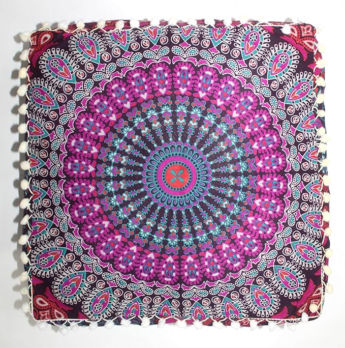 CRAFT KALA Pink Peacock Large Hippie Mandala Meditation Floor Ottoman Pillow Cushion Pouf Cover Square Poufs Bohemian Circle Floor Cushion Case Outdoor Fireplace Living Room Decor Cover 18" Square
