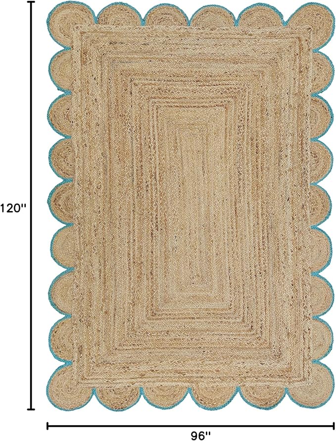 Scalloped Natural Jute Area Rug, Teal Trim, 8'x10'