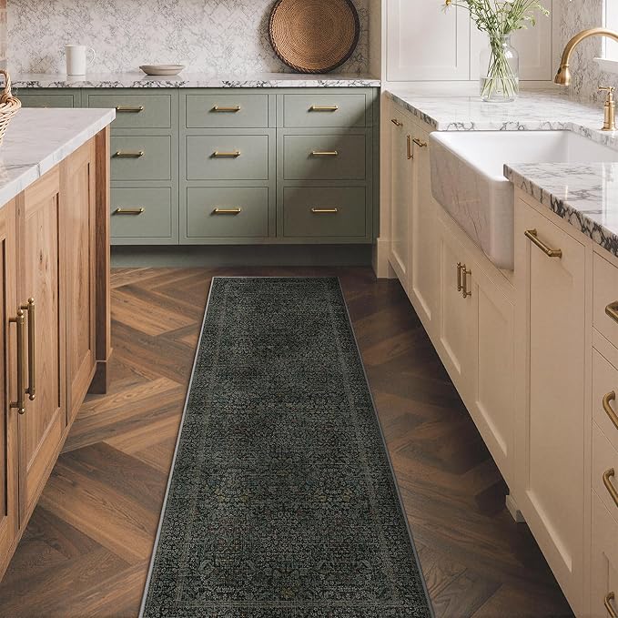 GENIMO 2x6 Runner Rug Non-Slip Washable, Low Pile Vintage Floral Indoor Carpet for Hallway Entryway Kitchen Bathroom, Stain Resistant （Charcoal Green）