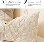 BlissBlush 20x20 Throw Pillow Cover, Square Neutral Beige Decorative Cushion Cover for Couch Sofa, Embroidered Velvet Farmhouse Accent Pillowcase (Cover Only)
