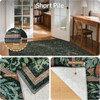 GENIMO Washable 3x5 Area Rug, Soft Vintage Floral Boho Carpet, Low-Pile Non-Slip Rug for Living Room, Bedroom, Dining Room, Nursery, Dark Green