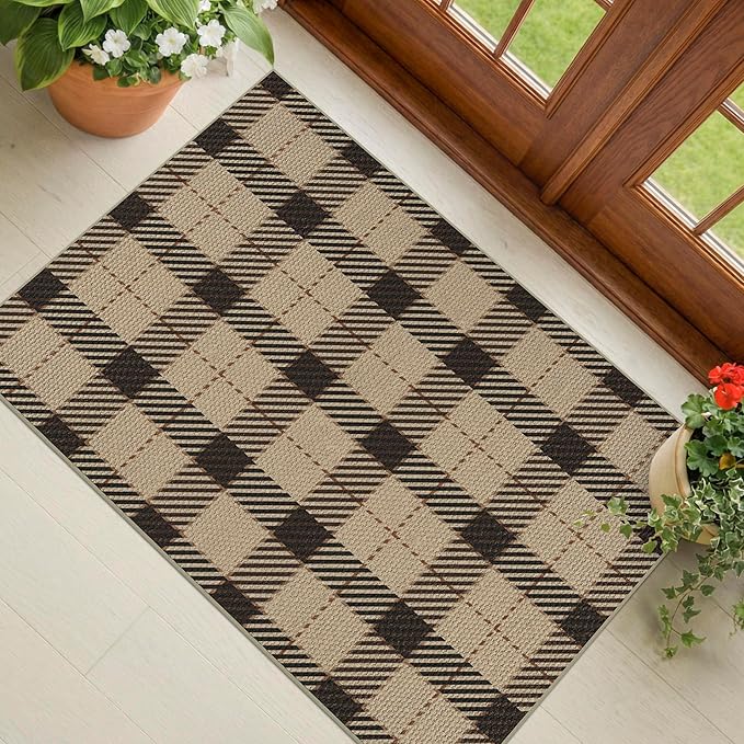 Washable 2x3 Plaid Rug Entry Way Indoor - No Shed Easy Jute Small Throw Rug for Kitchen, Non Slip Rustic Farmhouse Door Mat Indoor Entrance, Low Pile Black and Tan Checkered Buffalo Entryway Décor