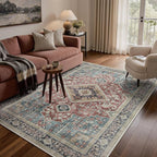 GENIMO 8X10 Washable Vintage Area Rugs for Living Room, Non-Slip Low Pile Chenille Print Rug, Soft Rugs for Bedroom Dining Room Home Office, Indigo & Flush