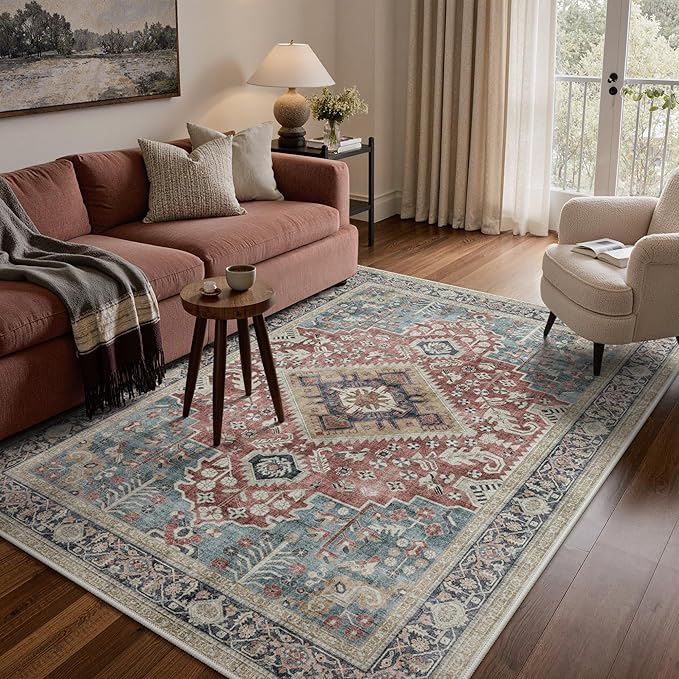 GENIMO 8X10 Washable Vintage Area Rugs for Living Room, Non-Slip Low Pile Chenille Print Rug, Soft Rugs for Bedroom Dining Room Home Office, Indigo & Flush