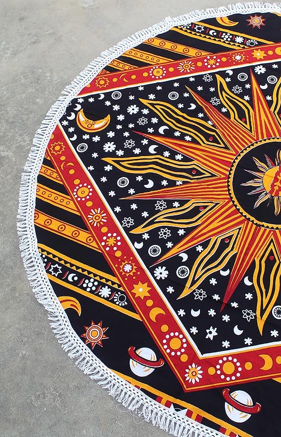 Round Beach Tapestry Turquoise Mandala Throw/Boho Hippie Beach Blanket Roundie/Indian Cotton Bohemian Large Round Table Cloth-Home Decor/Yoga Mat Meditation Picnic Rug (70", Yellow)