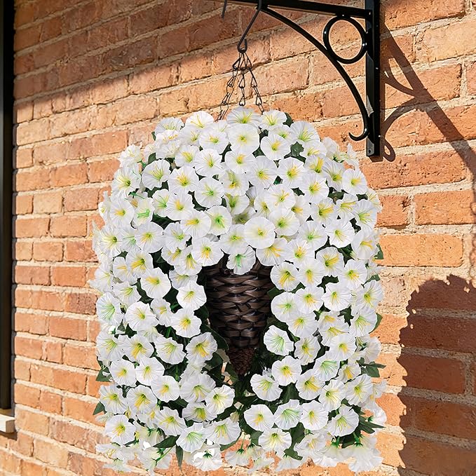 Artificial Fake Flowers Plants Hanging Baskets for Outdoor Outside Decor, Faux Silk Hanging White Morning Glory Trailing Vines UV Resistant for Porch Patio Home Decoration
