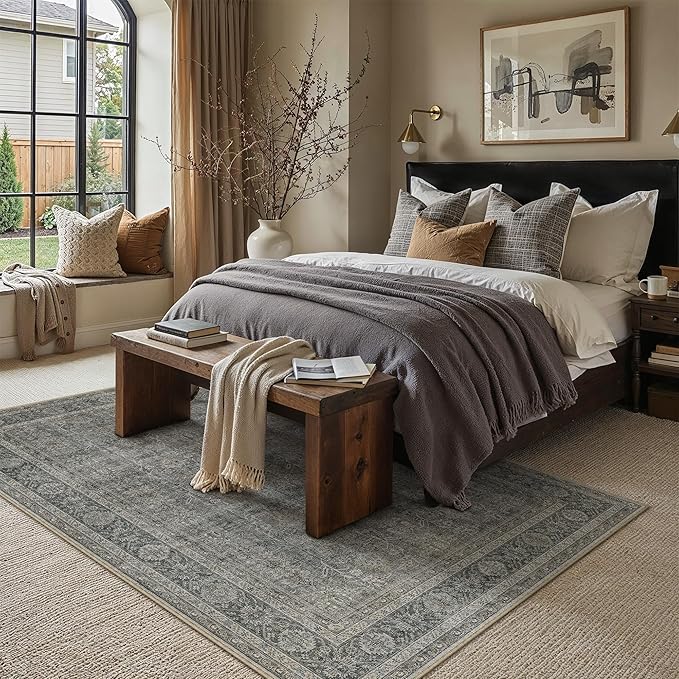 Vintage Area Rug 8x10 Grey Brown Washable Living Room Large Carpet Non Slip Bedroom Indoor Office Low Pile Traditional Distressed Retro Accent Rug for Dining Room