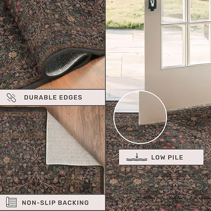 Dark Brown 10x14 Area Rugs for Living Room - Extra Large Vintage Western Unique Neutral Floral, Washable Low Pile Non-Slip Soft Thin Area Rug for Dining Under Table, Bedroom Under Bed
